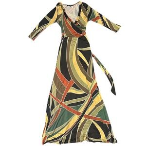ONE CLOTHING Women Size Small Geometric Print Wrap Maxi Dress Retro Psychedelic